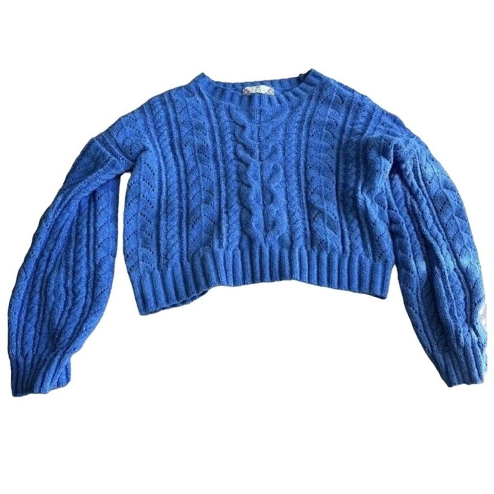 Pink Rose Royal Blue Cable Knit Cropped Sweater